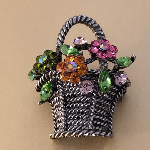 Vintage 1990’s Crystal Rhinestone Flower Pot Brooch By Victorian Trading Co - Picture 5 of 16